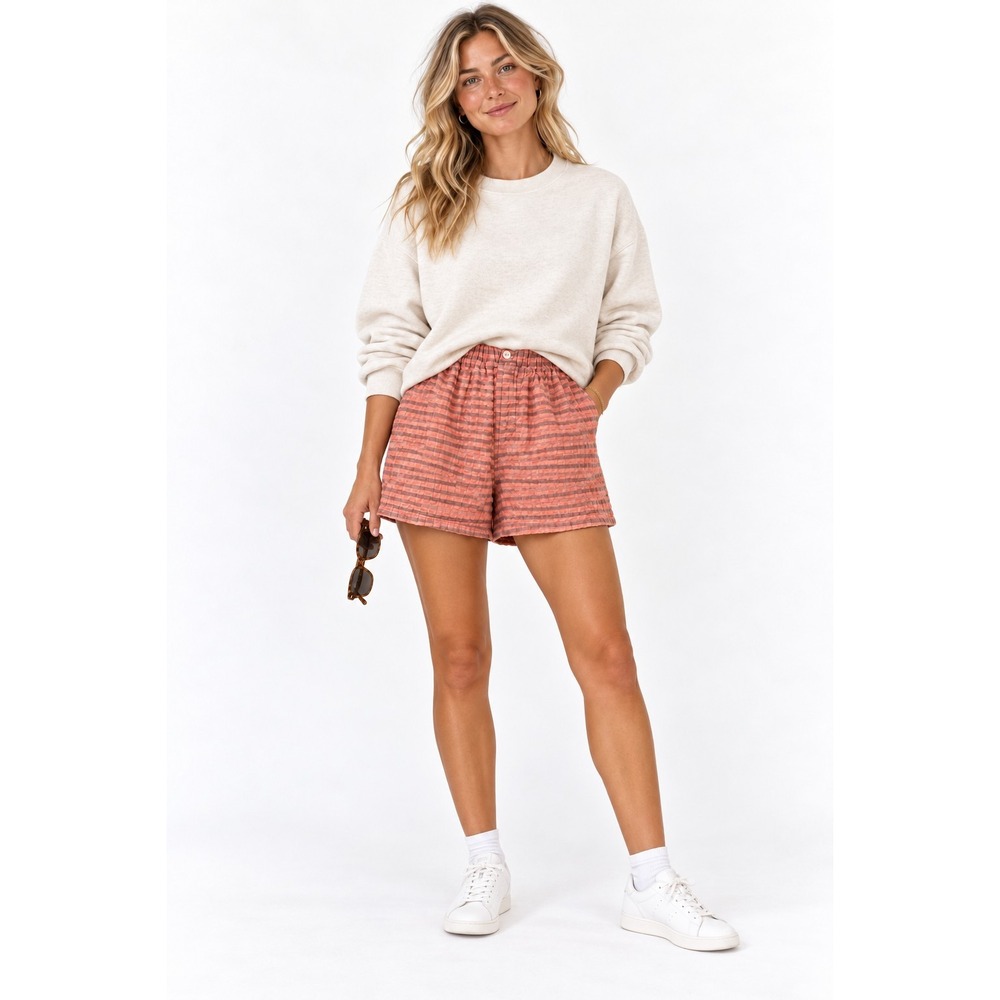 CP Shades Shorts Women L Pink Striped Cotton Crinkle Coastal Beach Boho Vacation